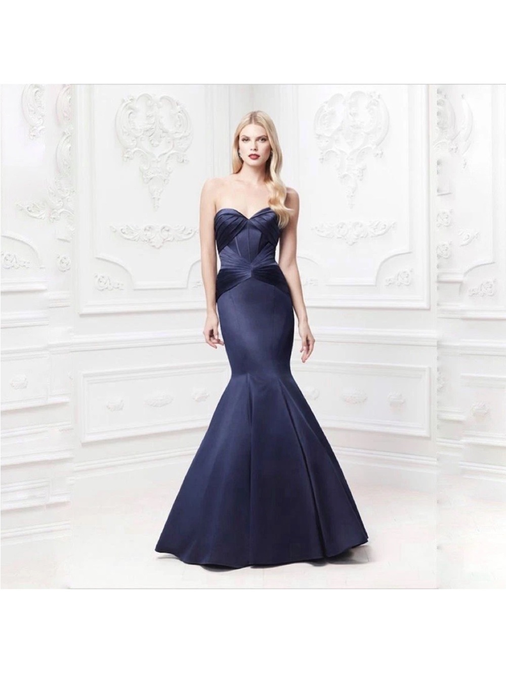TRULY Zac Posen Satin Mermaid Pleats Bustier Dress In Blue Size 2 Formal Evening